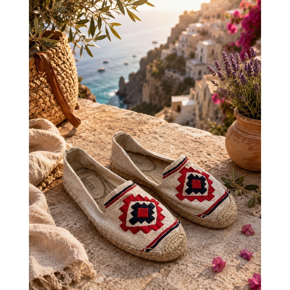 Soludos Womens Geometric Embroidered Canvas Espadrille Smoking Slipper Flats 7